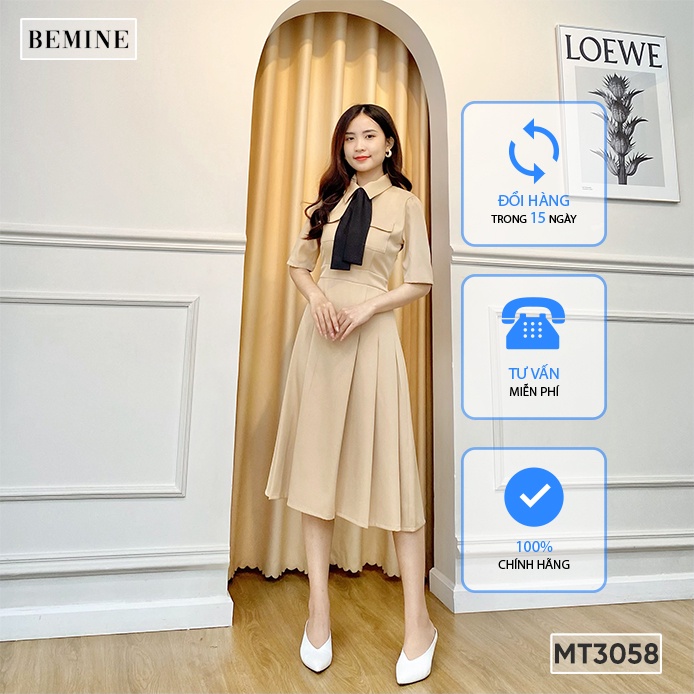 Đầm cổ sơ mi xếp ly tùng có nơ BEMINE MT3058DA