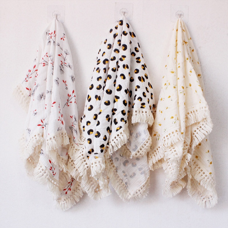 Chăn Quấn Em Bé 2 Lớp Chất Liệu Cotton Nguyên Chất Mềm Mại Phối Tua Rua Ốp