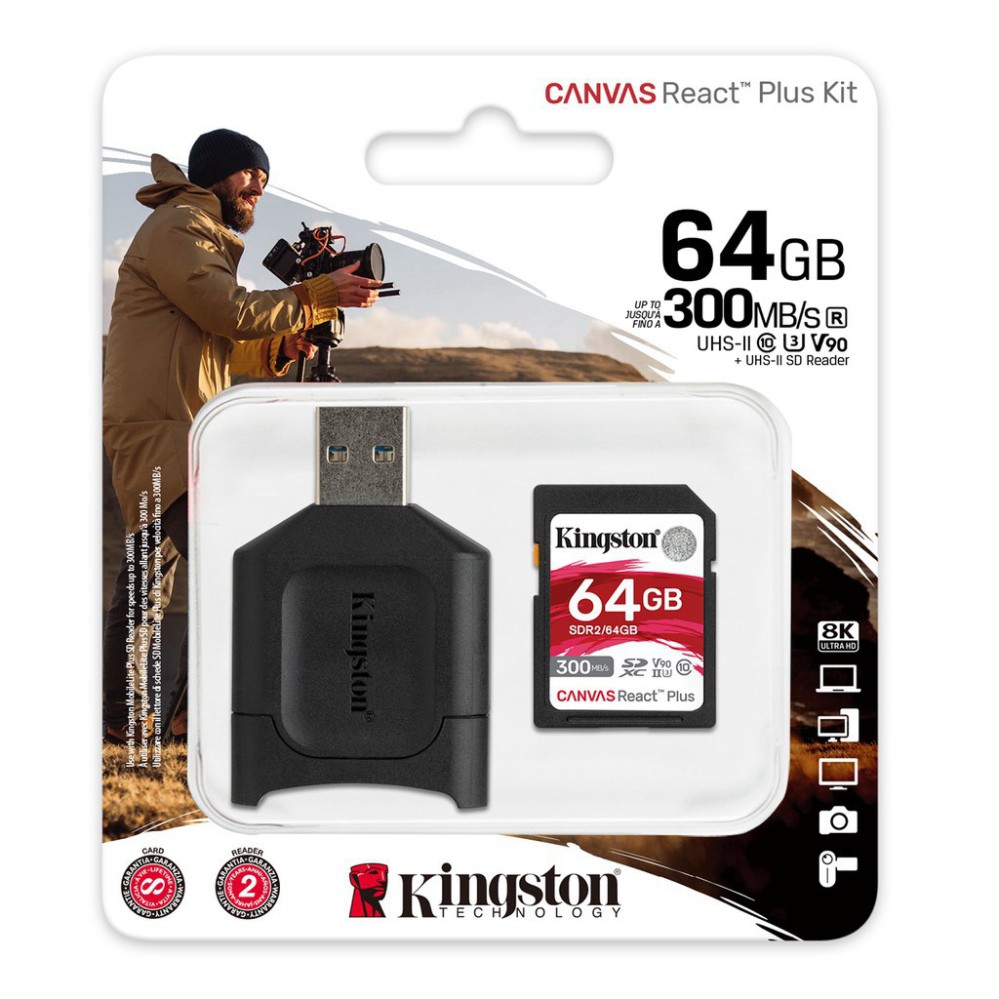 Thẻ Nhớ Tốc Độ cao SD Kingston Canvas React Plus Chuẩn hạng V90 U3 UHS-II 64GB 300/260Mbs