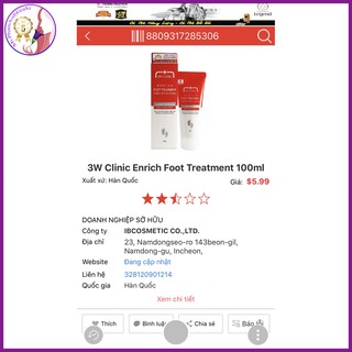 Kem Dưỡng Da Chân 3W Clinic Enrich Foot Treatment 100ml