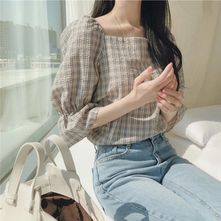 CCVN Áo kiểu tay phồng hoạ tiết kẻ sọc đáng yêu cho phái đẹp hàn quốc thời trang