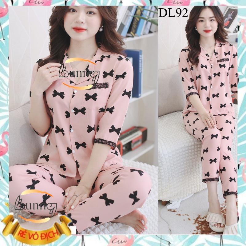 [Bunny] ĐỒ BỘ NỮ MẶC NHÀ KIỂU DÁNG ĐẸP HỌA TIẾT NƠ XINH, TAY LỠ QUẦN DÀI QUẦN ÁO CHẤT LIỆU LỤA MỀM MÁT