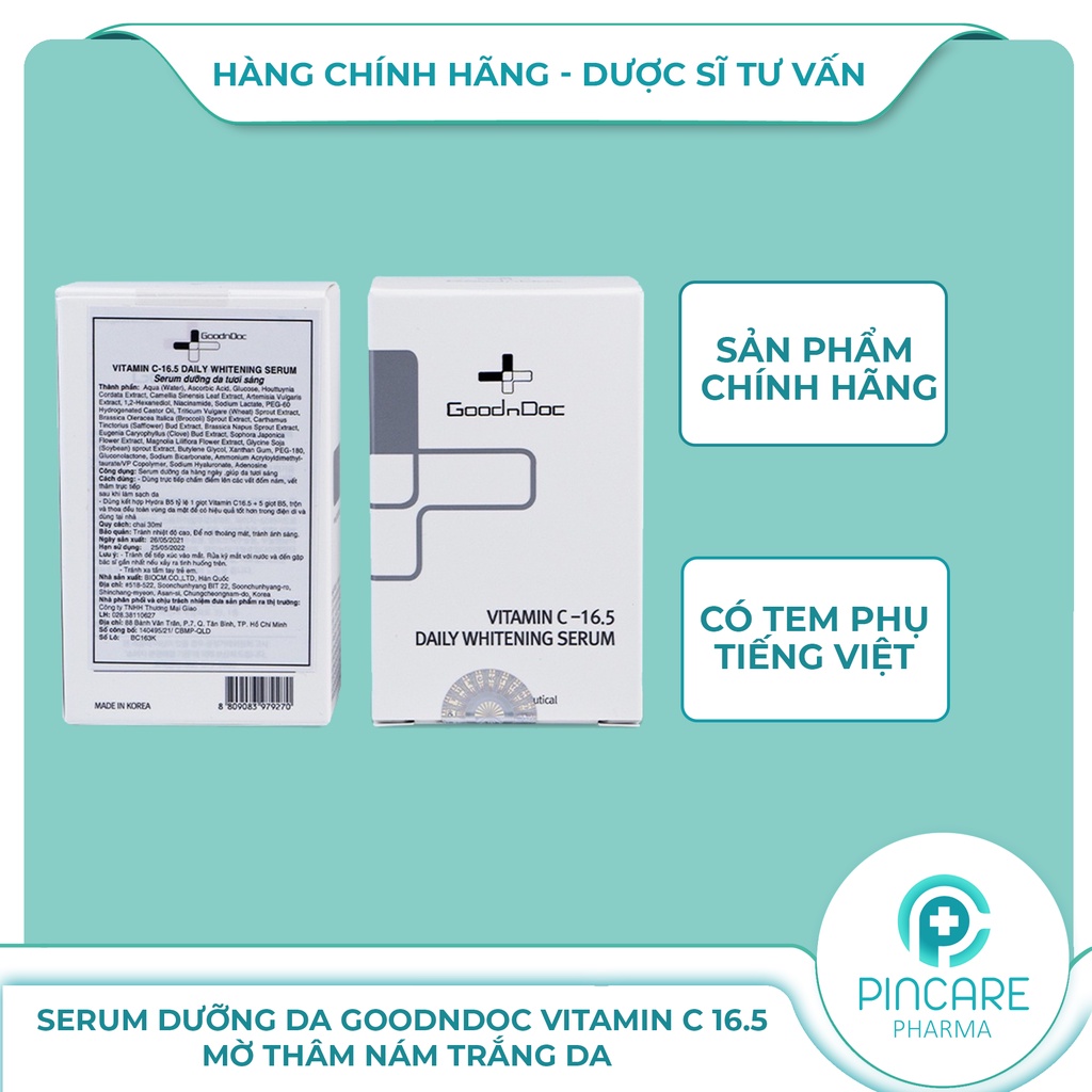 Serum dưỡng da GoodnDoc Vitamin C 16.5 mờ thâm nám trắng da - Hàng chính hãng - Nhà thuốc PinCare