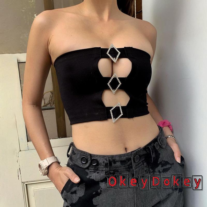 Áo Ống Không Dây Dạng Ống Cài Khóa Phía Trước Đính Đá Cho Nữ