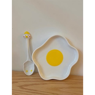 [ SẴN ] Set đĩa + muỗng/thìa hình trứng và con gà đáng yêu bằng gốm sứ