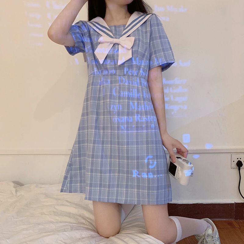 Đầm Giả Hai Mảnh Cổ Thủy Thủ Dáng Ôm Họa Tiết Kẻ Sọc Thiết Kế Mới Ngọt Ngào Cho Nữ