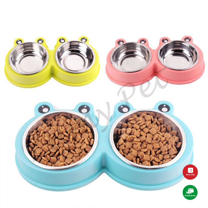 Bát ăn đôi inox cho chó mèo hình con ếch cao cấp, siêu bền, dễ vệ sinh