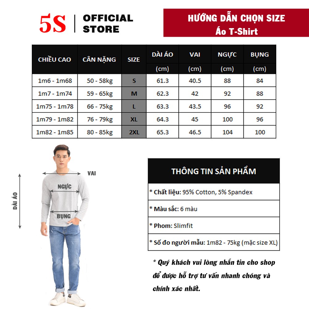 Áo Thun Dài Tay Nam 5S Cổ Tròn, 6 Màu Cơ Bản, Chất Liệu 95% Cotton, Phom Ôm Trẻ Trung, Vải Dày Vừa Phải | BigBuy360 - bigbuy360.vn