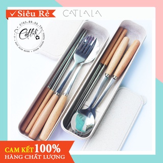 BỘ MUỖNG ĐŨA INOX CÁN GỖ DU LỊCH CÓ HỘP NHỰA LÚA  MÌ TIỆN DỤNG CATLALA BMDCG16