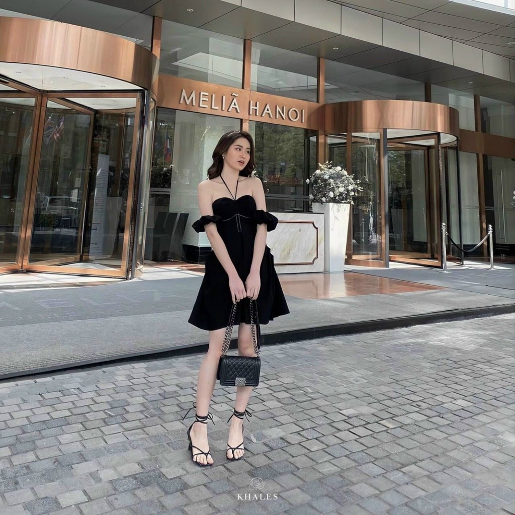Đầm xòe trễ vai phối viền ngực có mút xinh xắn