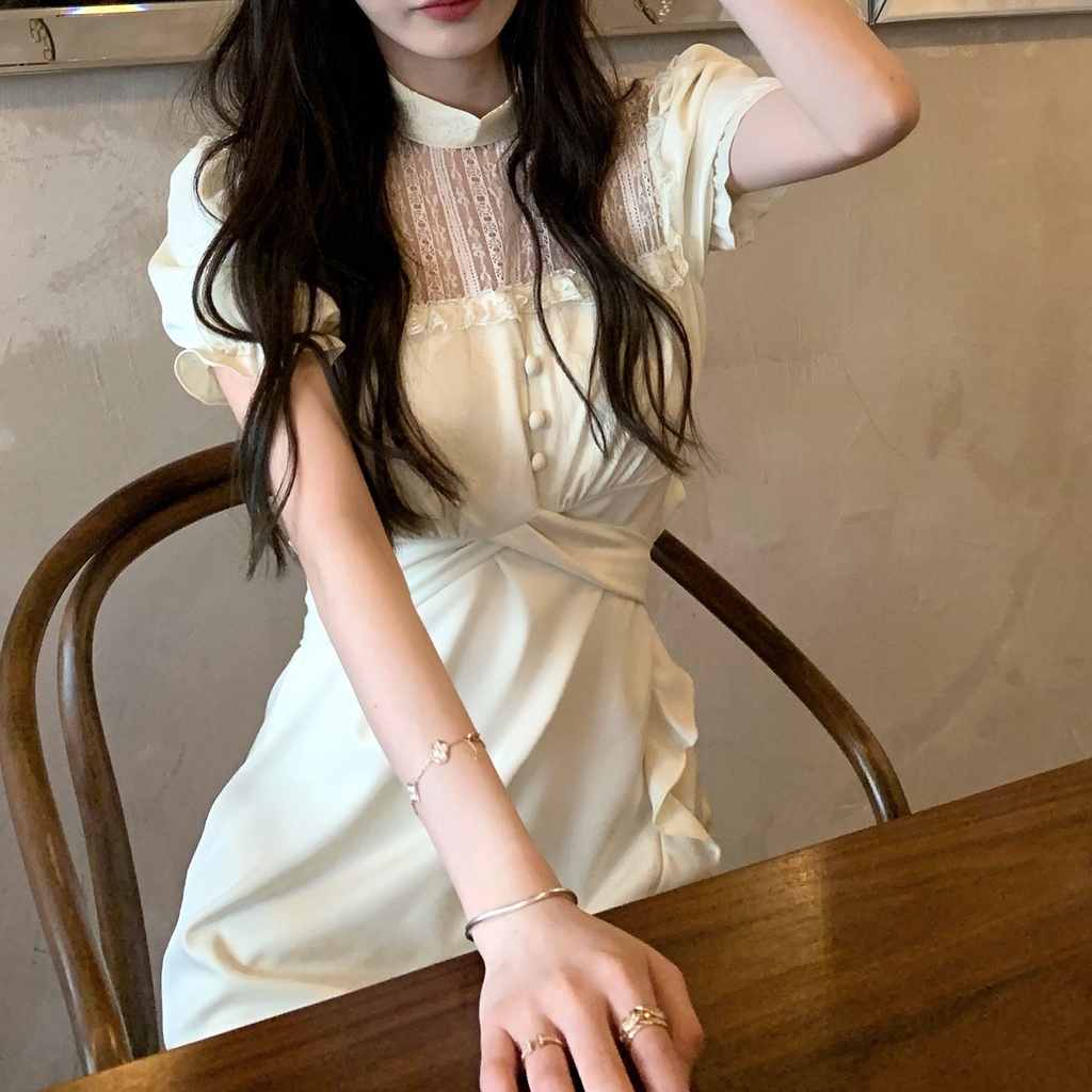 Cổ Phiếu Sẵn Sàng❣Ah F &amp; X Đầm Ren Trắng Tay Ngắn Phong Cách Cổ Điển Retro Mùa Hè