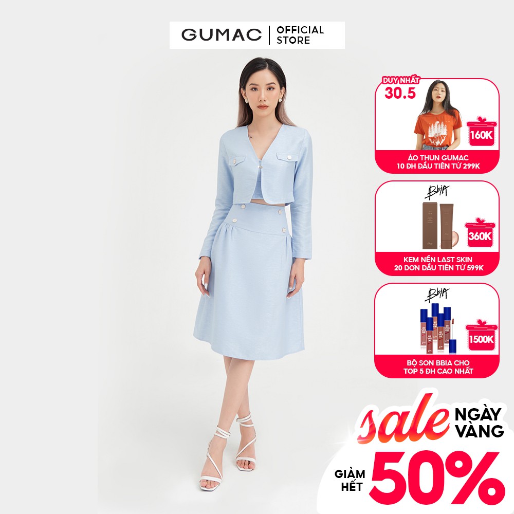 [Mã WABRGU305 giảm 15% đơn 249K] Chân váy nữ dáng dài phối nút GUMAC màu xanh trơn thanh lịch VB490