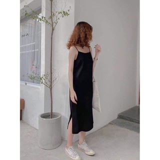 Váy 2 dây chất đũi lụa trơn basic, đầm dáng suông ulzzang HD01