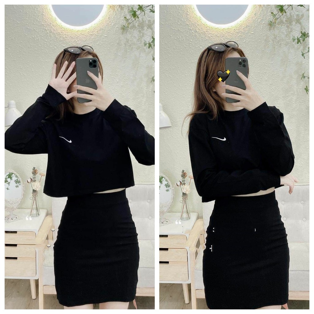 Set áo thun croptop tay dài và chân váy chữ A chất bozip mềm mịn_VIETVENUS