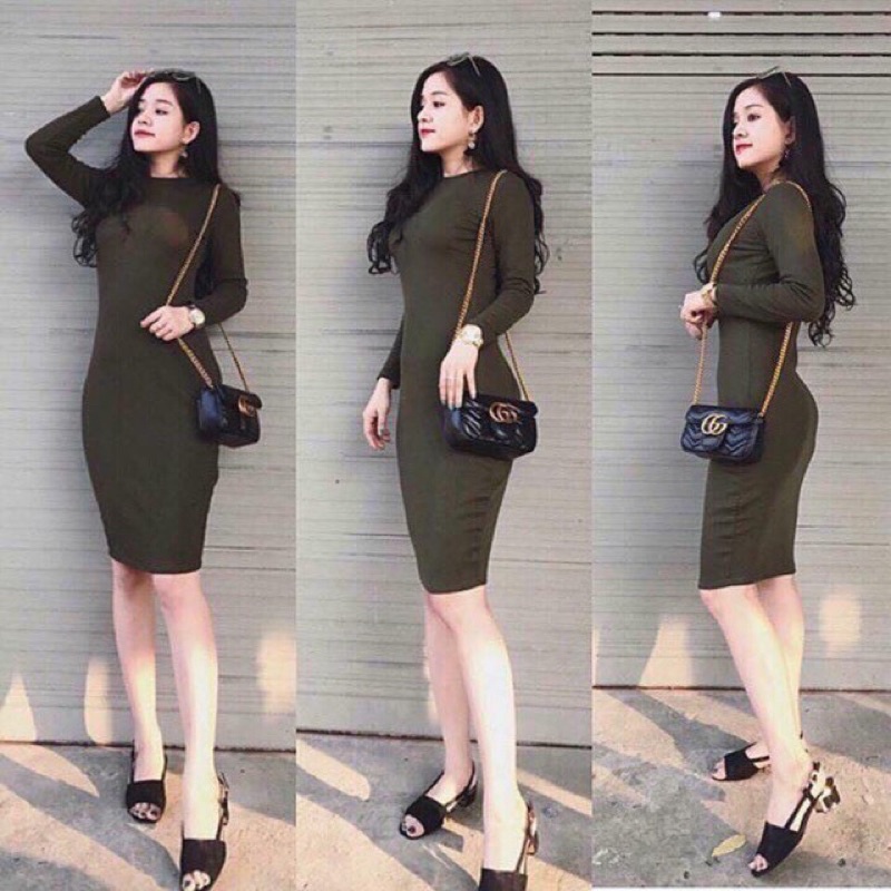 Váy body len tăm dài tay cổ tròn freesize dưới 55kg duyendell