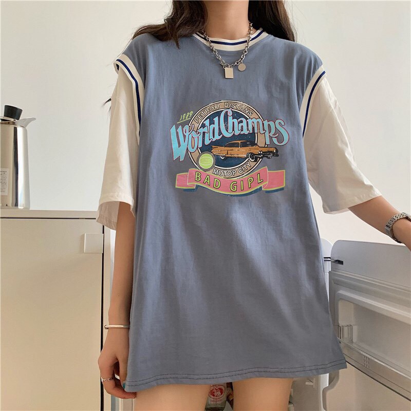 Áo thun form thụng tay lỡ phong cách ulzzang phối màu in chữ WORLD CHAMPS