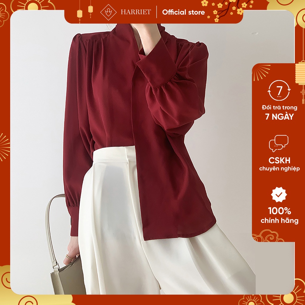 Áo sơ mi cổ dựng sam tròn giấu cúc Sherry đỏ đun nhún vai tay bồng Harriet