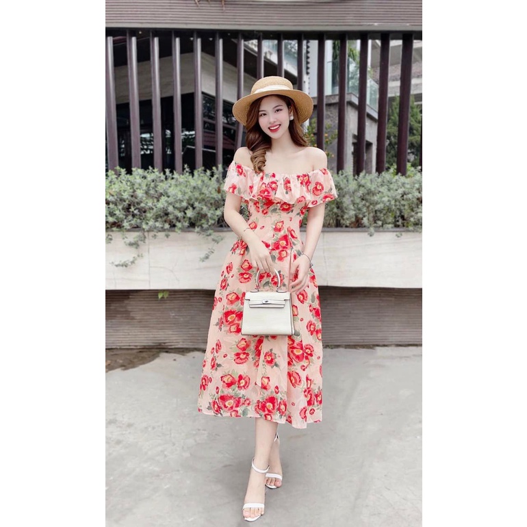 Váy Hoa Nhí Trễ Vai Dáng  Dài Thiết Kế Phối Nhún Ngực Sang Chảnh, -V74