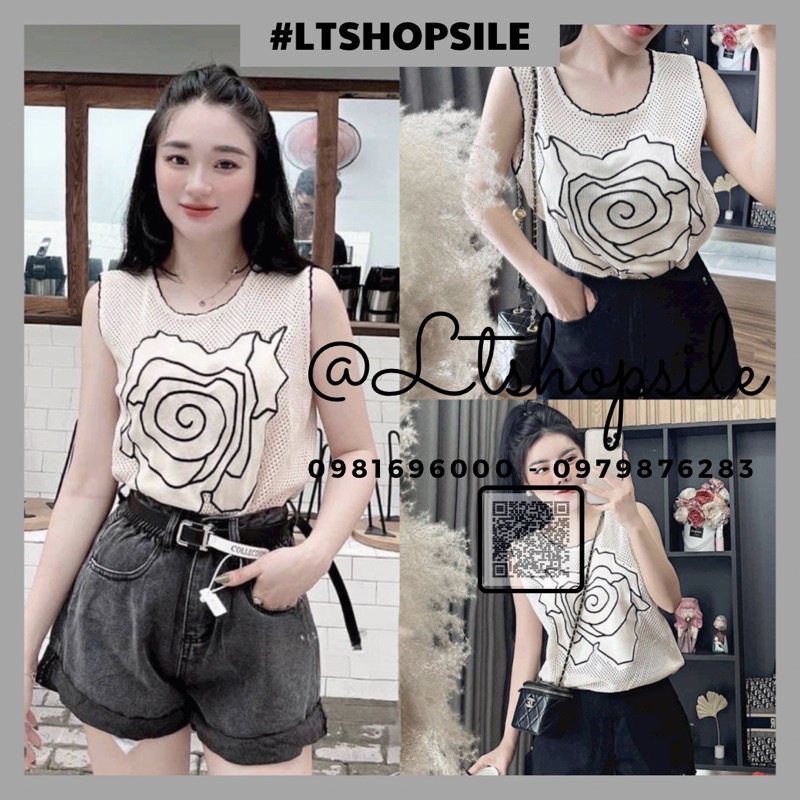 Áo len hoa sát nách viền đen, kèm ảnh thật chụp sàn