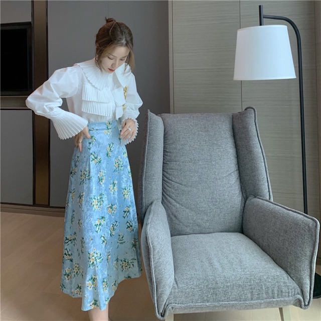 [Mã WAMT1505 giảm 10K đơn 0K] Set Áo Sơmi Cổ Quạt Kèm Váy Hoa Thanh Lịch Công Sở | BigBuy360 - bigbuy360.vn