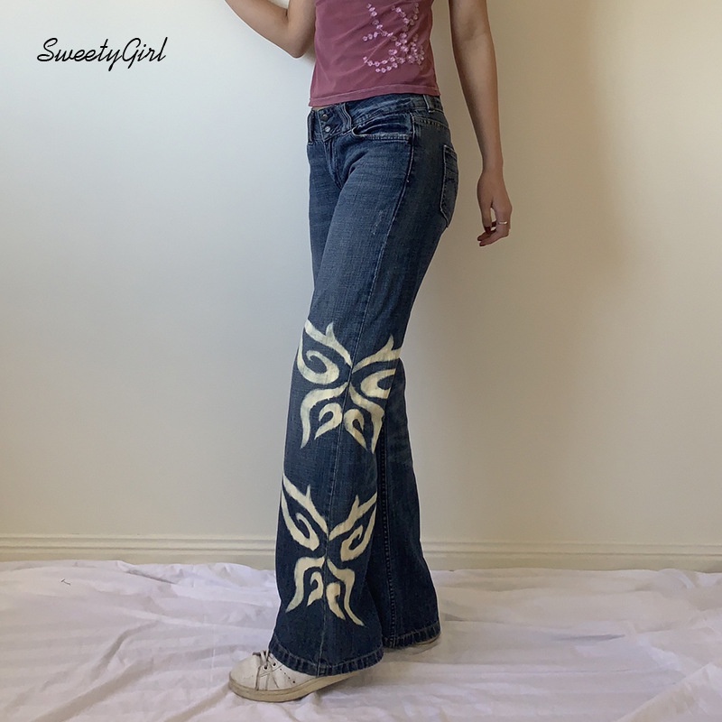 Quần Jean Dài Lưng Cao Dáng Ôm In Họa Tiết Bươm Bướm Phong Cách Retro Thời Trang Cho Nữ
