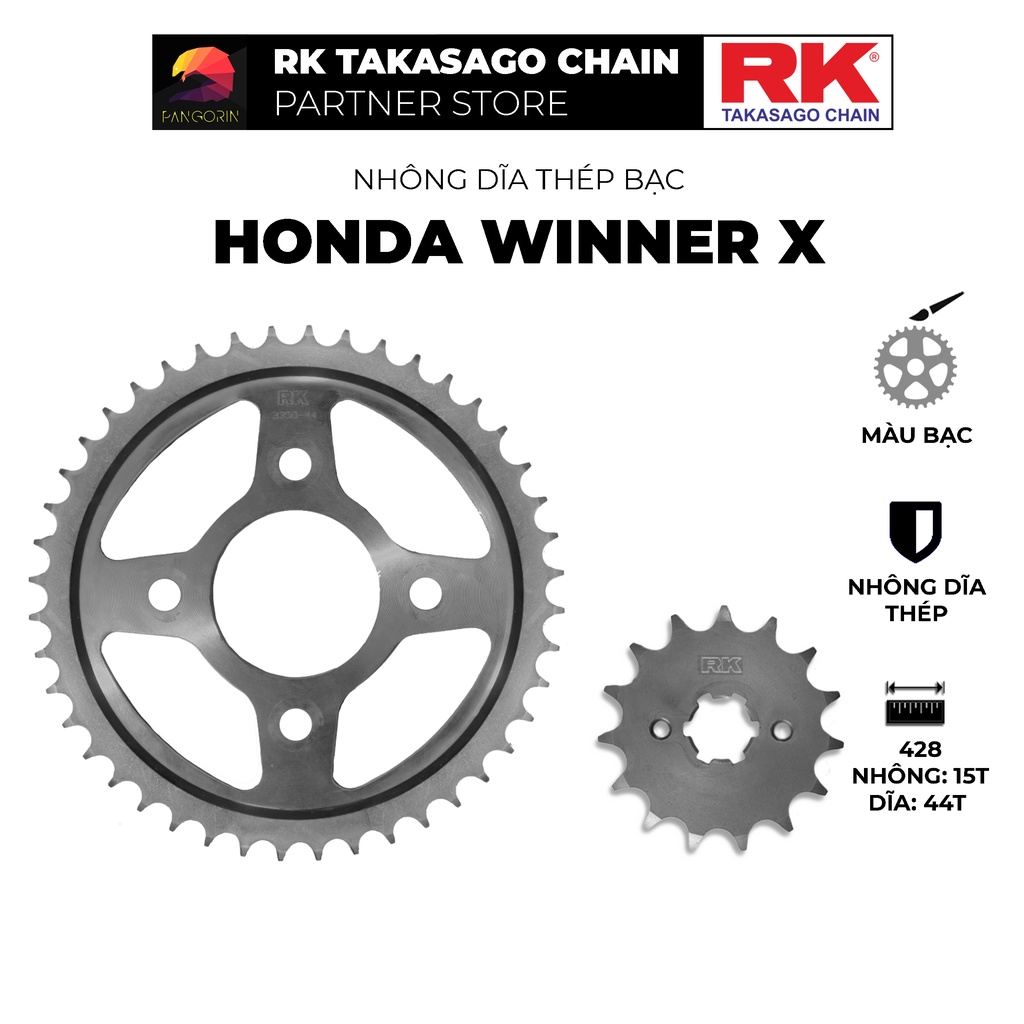Nhông Dĩa RK Takasago cho xe máy Honda Winner X, chất liệu: Thép mạ màu bạc, độ dày Nhông Dĩa: 428
