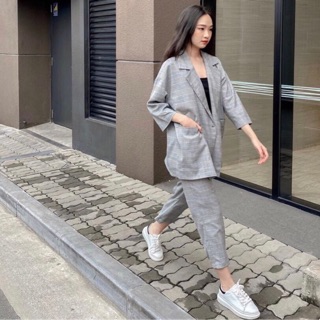 Set vest caro quần lửng ống rộng