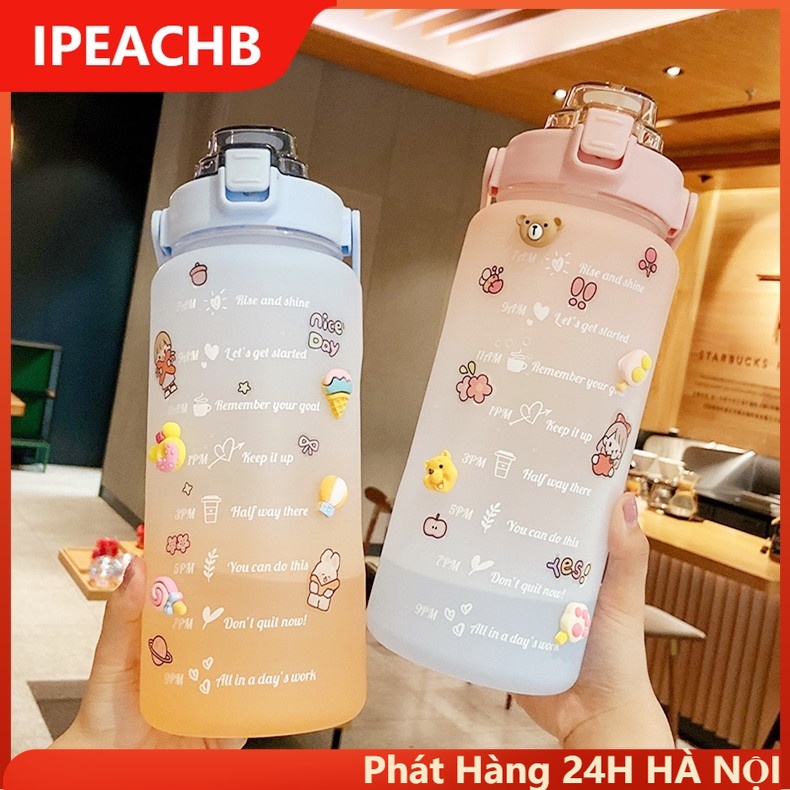 Bình Nước 2lít Cute Dễ Thương Có Ống Hút Tặng Sticker Dễ Thương Có Vạch Chia Nhắc Giờ Dành Cho Người Lười Uống Nước
