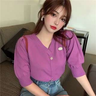 (ORDER) Áo len dệt kim mỏng cổ V tay bồng cài khuy màu tím điệu đà sang chảnh