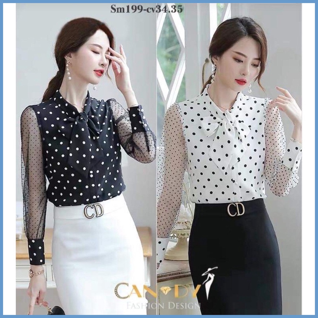 Áo sơ mi nữ kiểu công sở dài tay họa tiết chấm bi đen trắng tay voan cổ nơ SM199 Candy Fashion