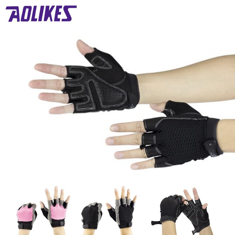 Găng tay Aolikes al 110 cụt hở ngón bán sỉ, có đệm lòng bàn tay, bao tay tập gym tạ thể hình yoga xe đạp, thoáng khí