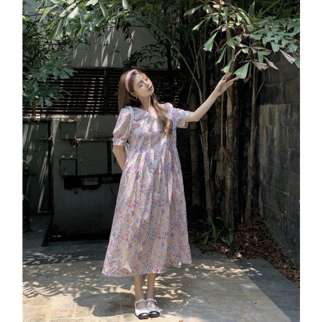 Váy babydoll thô hoa nhí thắt nơ ulzzang - Đầm hoa thô dáng babydoll