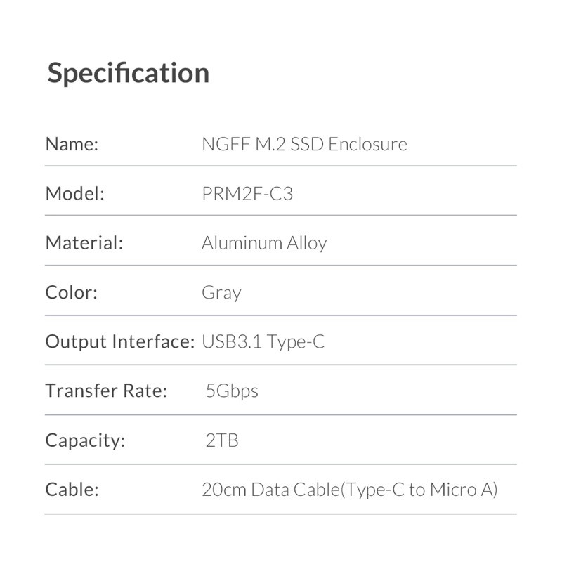 Box SSD M2 SATA ORICO PRM2F-C3 Type C Nhôm Nguyên Khối Cao Cấp