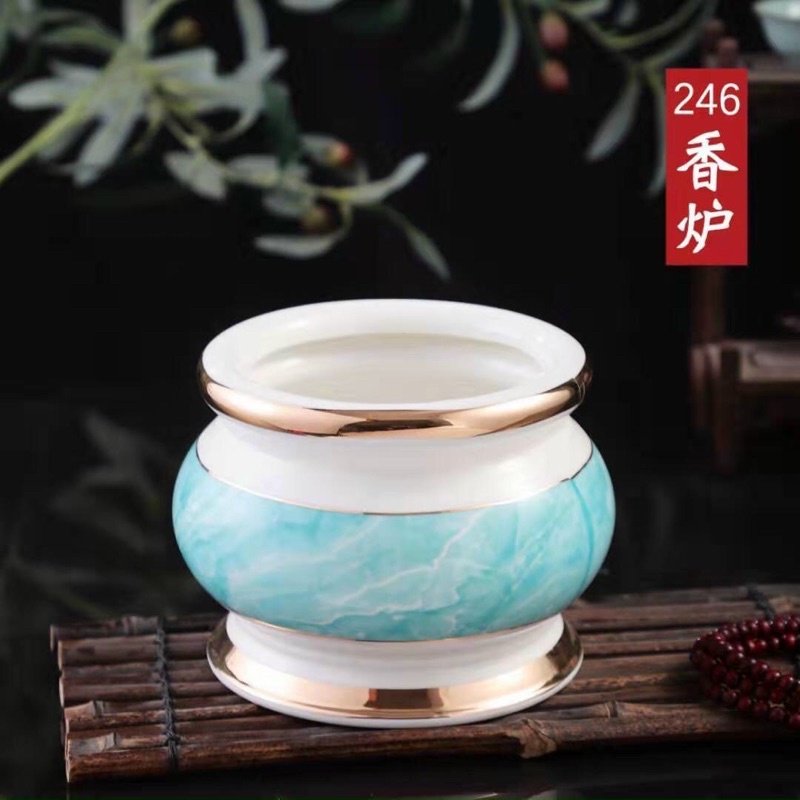 Bộ Thờ Cúng - Sét Đồ Thờ Phụng Màu Xanh Viền Vàng Cao Câp. Gồm Bình, Lư, Dĩa, Án...