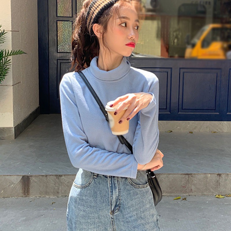 Áo Thun Nữ Tay Dài Cổ Cao Màu Trơn Phong Cách Hàn Quốc