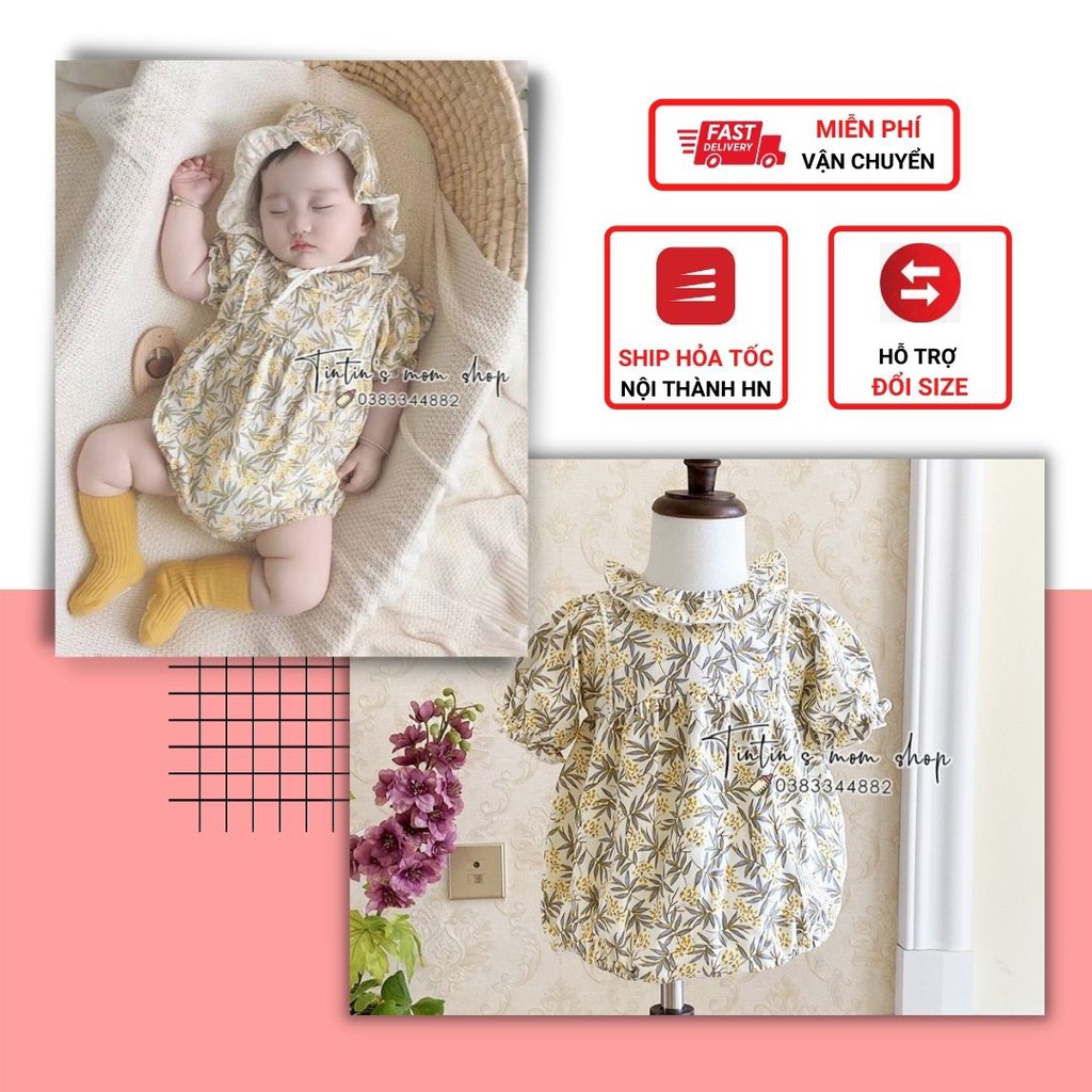 Set body chip cotton hoa vintage kèm mũ bèo xinh xắn cho bé gái 0-18M