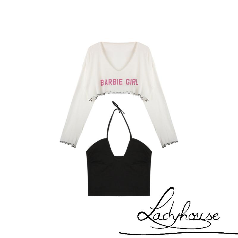 Bộ Trang Phục 2 Mảnh Áo Croptop Tay Dài Cổ Yếm In Chữ Thời Trang Cho Nữ