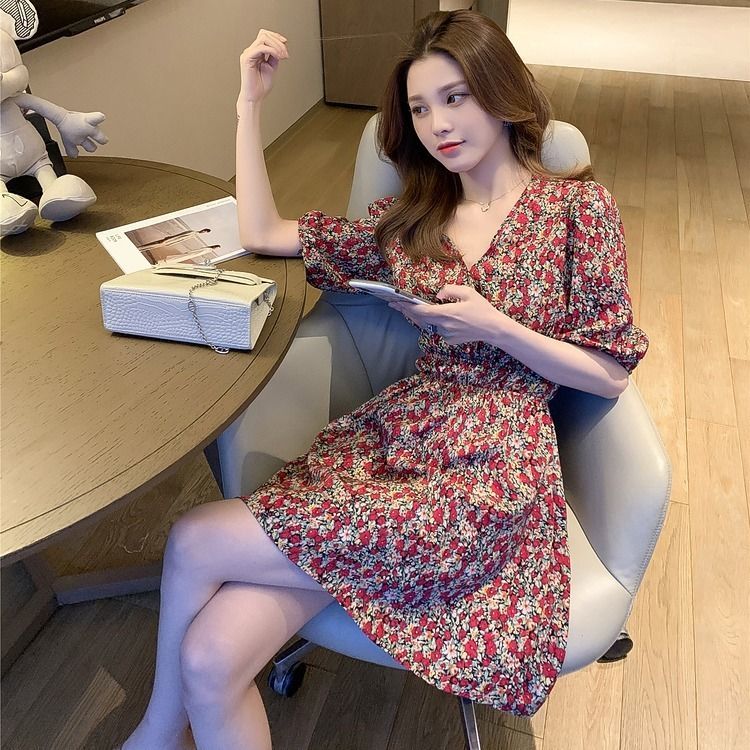 New Snapping up&VWomen's Mid-Length Floral Chiffon Dress with Collar2021Summer New French Style Retro Slimming HighAWord Dress | BigBuy360 - bigbuy360.vn