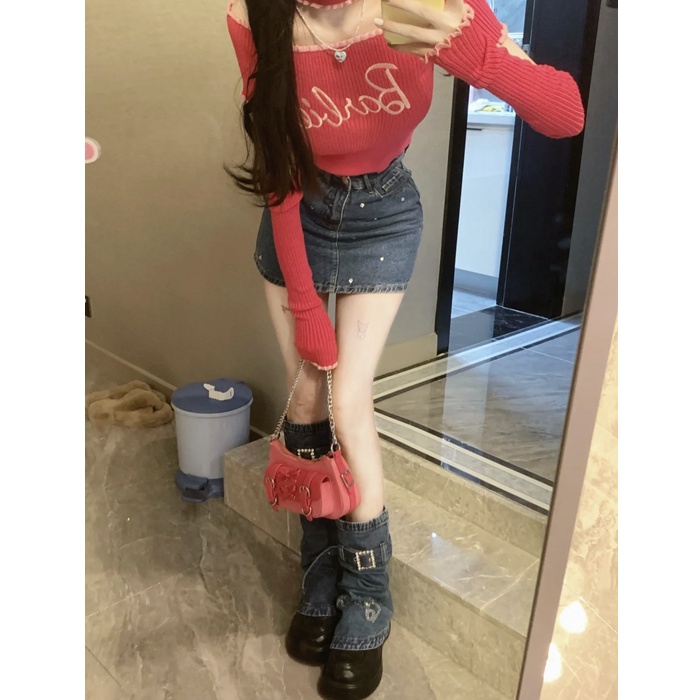 Set Áo Len Ngắn Trễ Vai Kèm Chân Váy Denim Chữ A Lưng Cao Thời Trang Cho Nữ