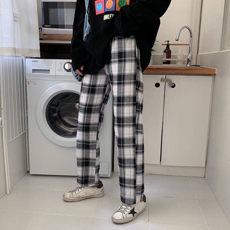 [CÓ SẴN] Quần ngủ pijama kẻ caro đen trắng quần dài dáng suông đồ mặc nhà Hàn Quốc ullzang