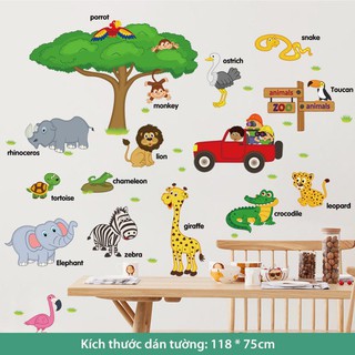 Miếng dán tường 3D trang trí phòng ngủ cho bé, các loại giấy và decal dán tường hiện đại (Bé thăm vườn thú)