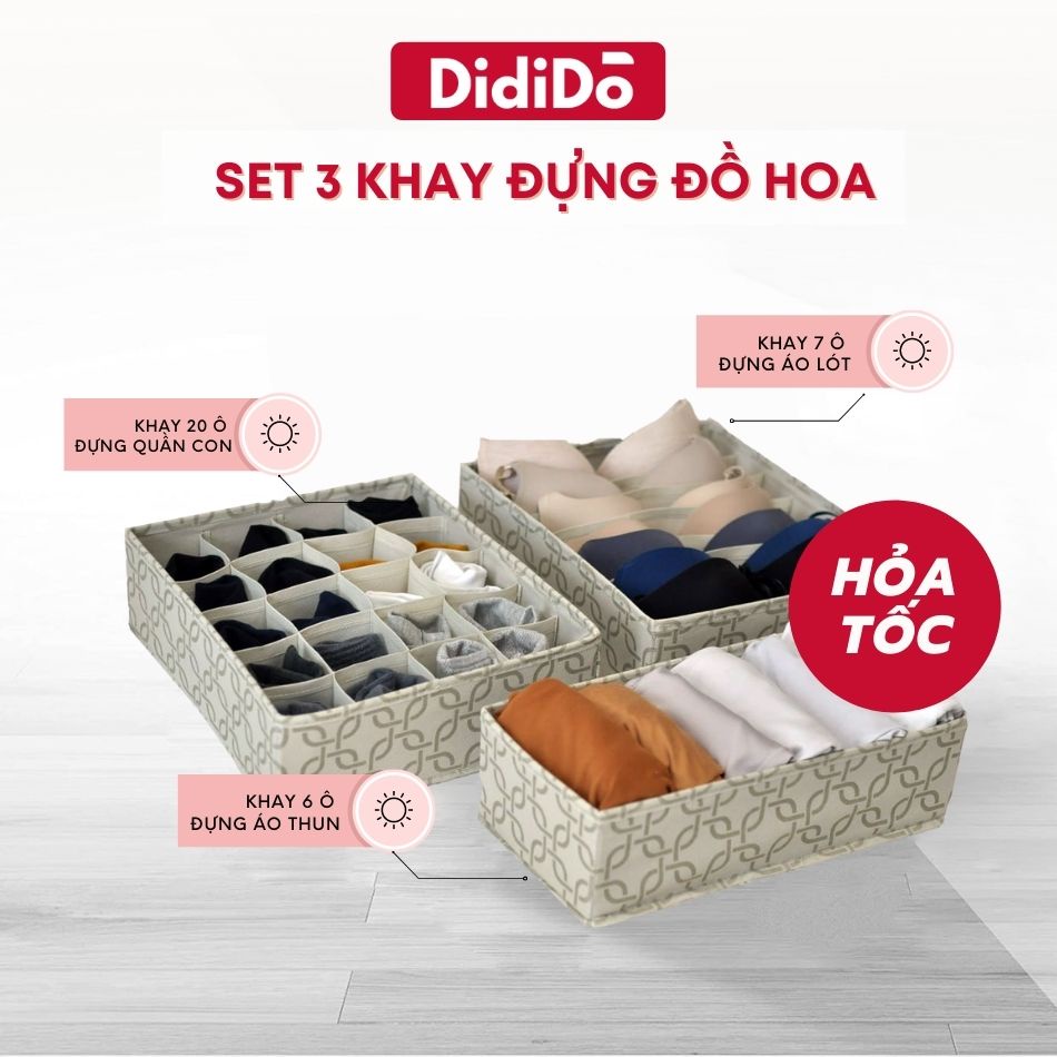 Set 3 khay chia ô VANI đựng đồ lót, tất, vớ, khăn