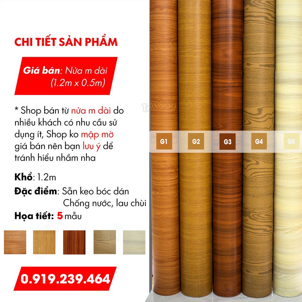 Decal giả vân gỗ chịu nhiệt chống nước chống dầu mỡ dễ dàng lau chùi khổ 1.2m