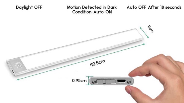 Bộ đèn LED cảm ứng dài 40 cm gắn tủ quần áo , tủ chén ,tự động sáng , tích hợp pin sạc 1500mAH