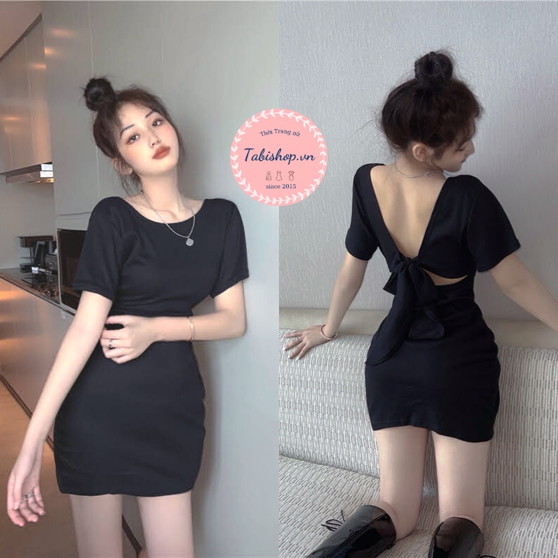 Đầm body hở lưng cột nơ đen tay ngắn Tabishop Váy dự tiệc ôm sexy cho nữ sang chảnh | BigBuy360 - bigbuy360.vn