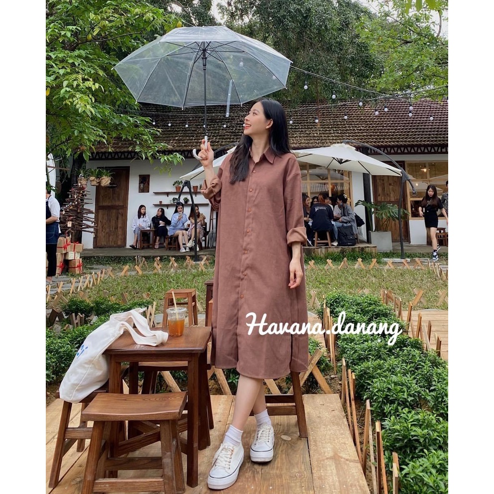 Váy nữ xinh V.094, Váy sơ mi kaki cổ đức dáng dài xẻ tà 2 màu be-nâu năng động | BigBuy360 - bigbuy360.vn