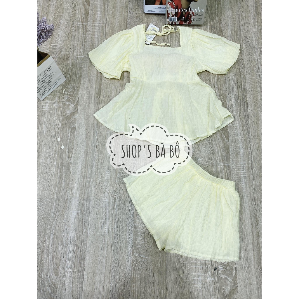 Set đũi xốp cho nữ mặc nhà, mặc đi chơi, áo babydoll hở lưng có dây cột nơ lưng, quần short siêu dễ thương