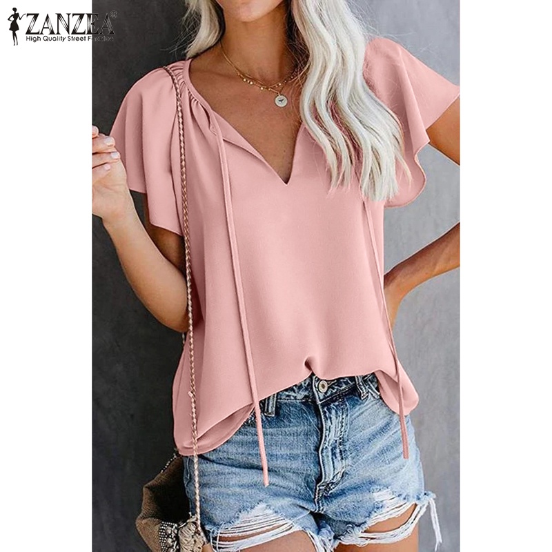 Zanzea Áo Kiểu Cổ Chữ V Tay Nhún Bèo Thời Trang Cho Nữ