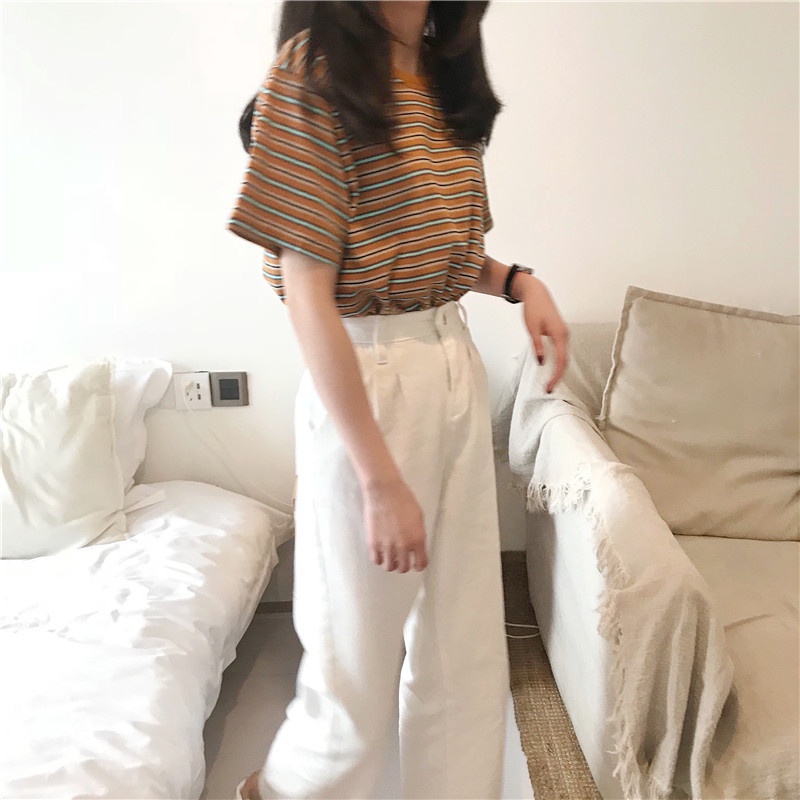 SUXI Áo Thun Ngắn Tay Họa Tiết Kẻ Sọc Phong Cách Hàn Quốc Hàng Mới Dành Cho Nữ