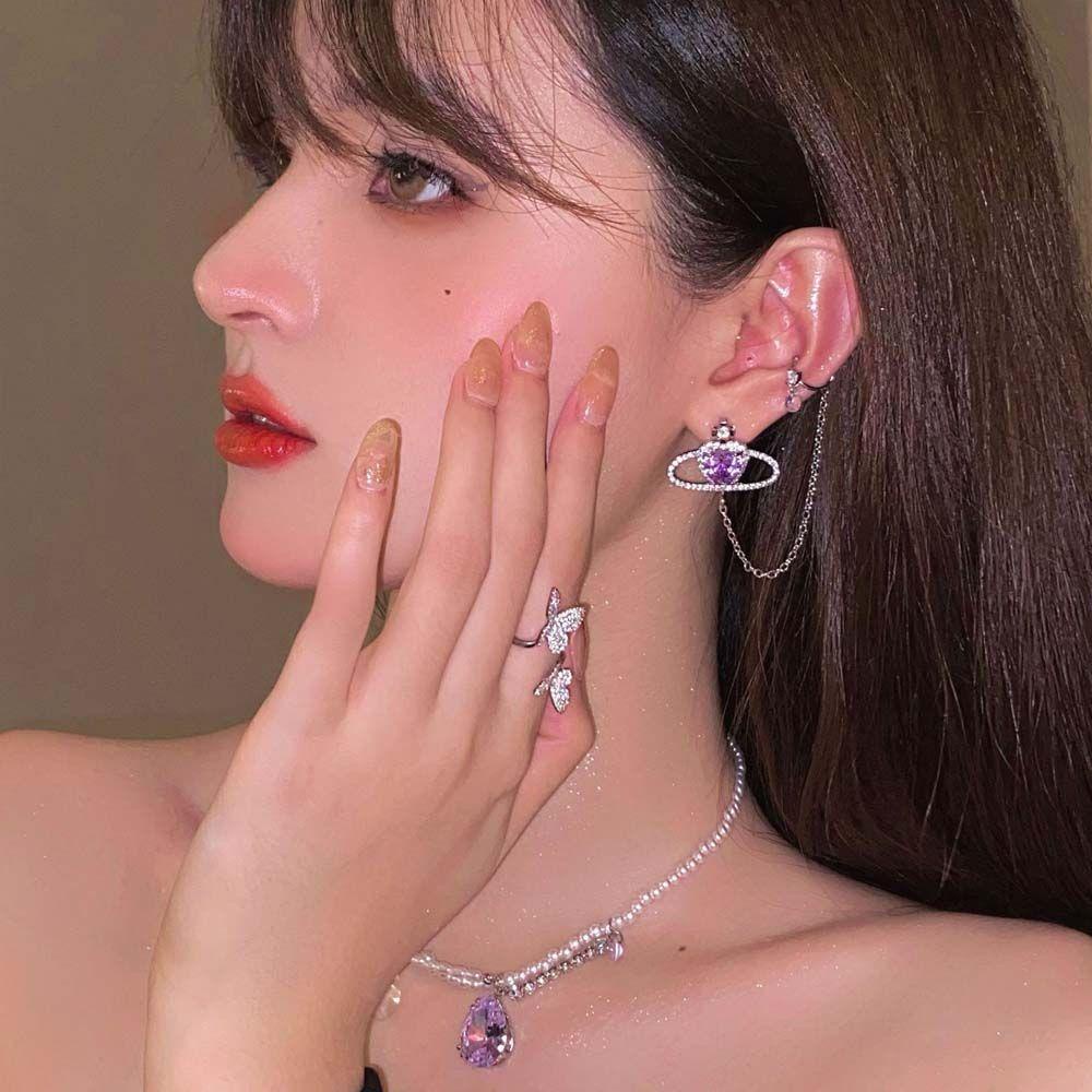 JARRED Bông Tai Dáng Dài Đính Đá Hình Trái Tim Màu Tím Phong Cách Hàn Quốc Thời Trang Cho Nữ